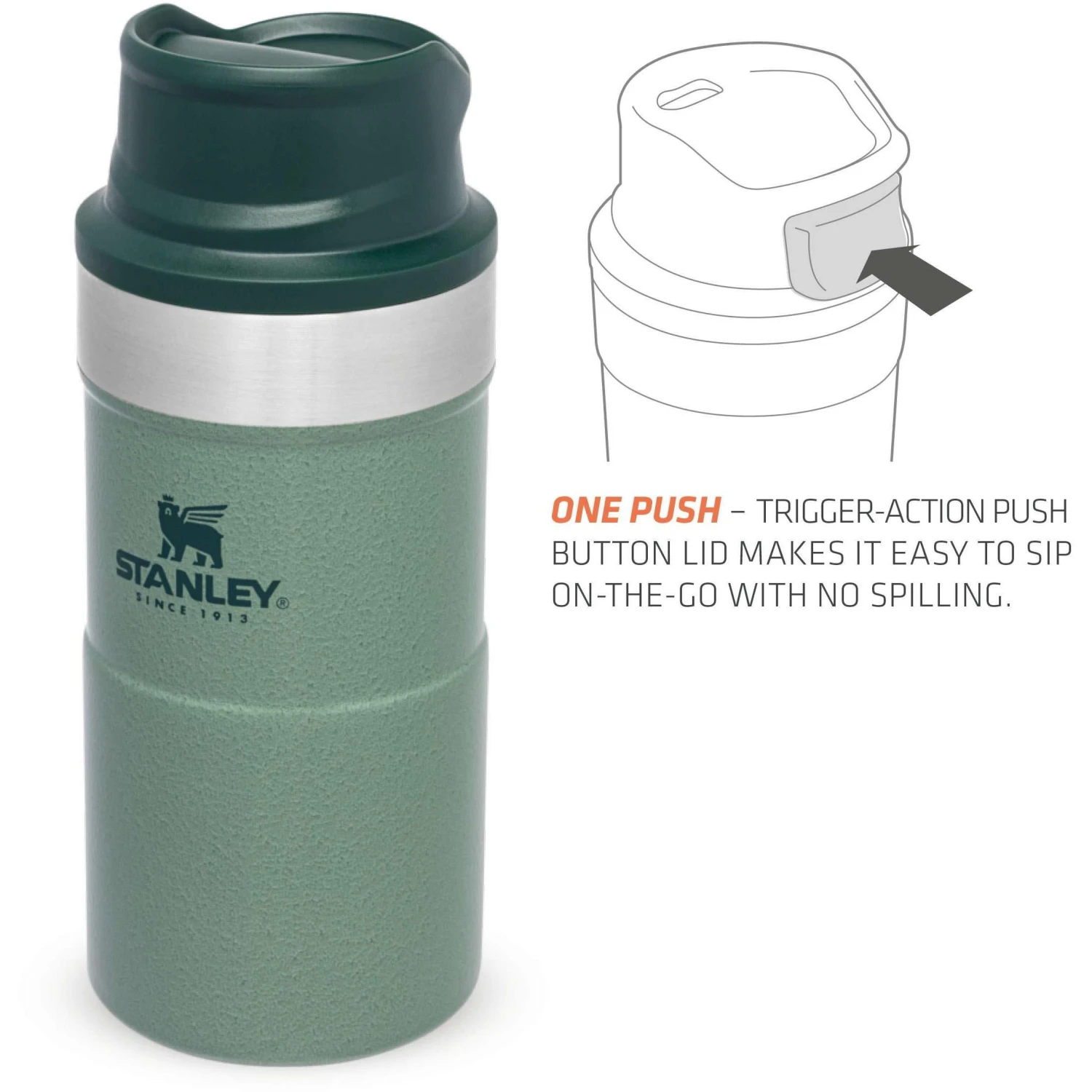 Stanley PMIClassic Trigger-Action thermosbeker 250 ml hammertone green Stanley PMIClassic Trigger-Action Thermosbeker 250 Ml Hammertone Green -Buiten Kamperen Winkel 115050 300 05