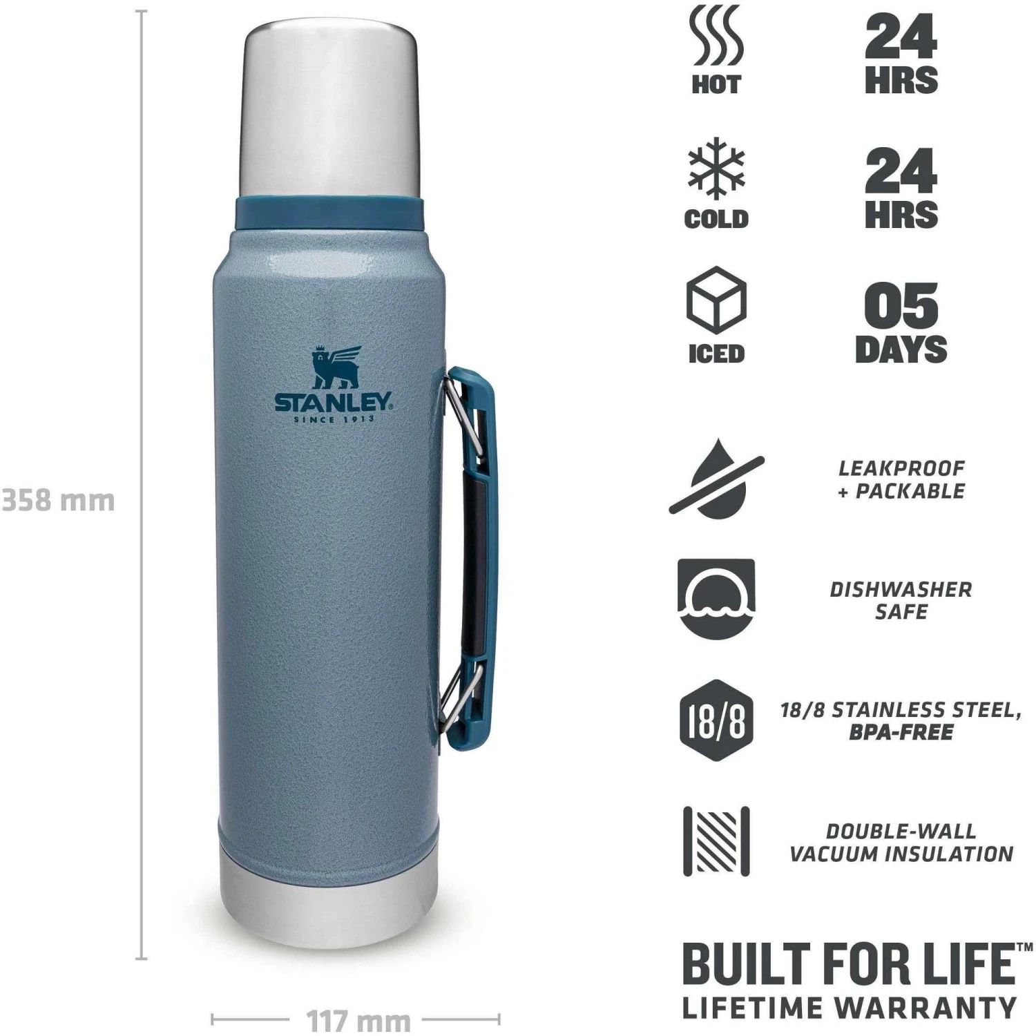 Stanley PMIThe Legendary Classic thermosfles 1 literhammertone ice Stanley PMIThe Legendary Classic Thermosfles 1 Literhammertone Ice -Buiten Kamperen Winkel 115081 200 03